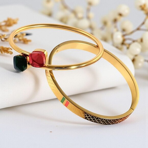 🆕 2-Piece Gold Plated Stainless Steel Cuff & Bangle Set With Rhinestone Charms - Picture 8 of 14